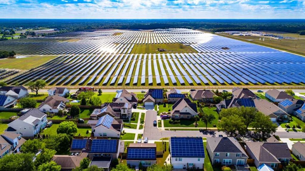 Photo showing rooftop and utility-scale solar panels to demonstrate land use solutions