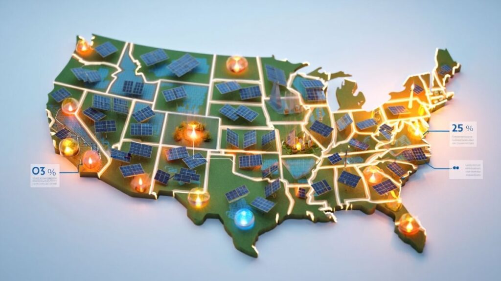 Graphic of U.S. map highlighting solar adoption and contribution to clean energy goals
