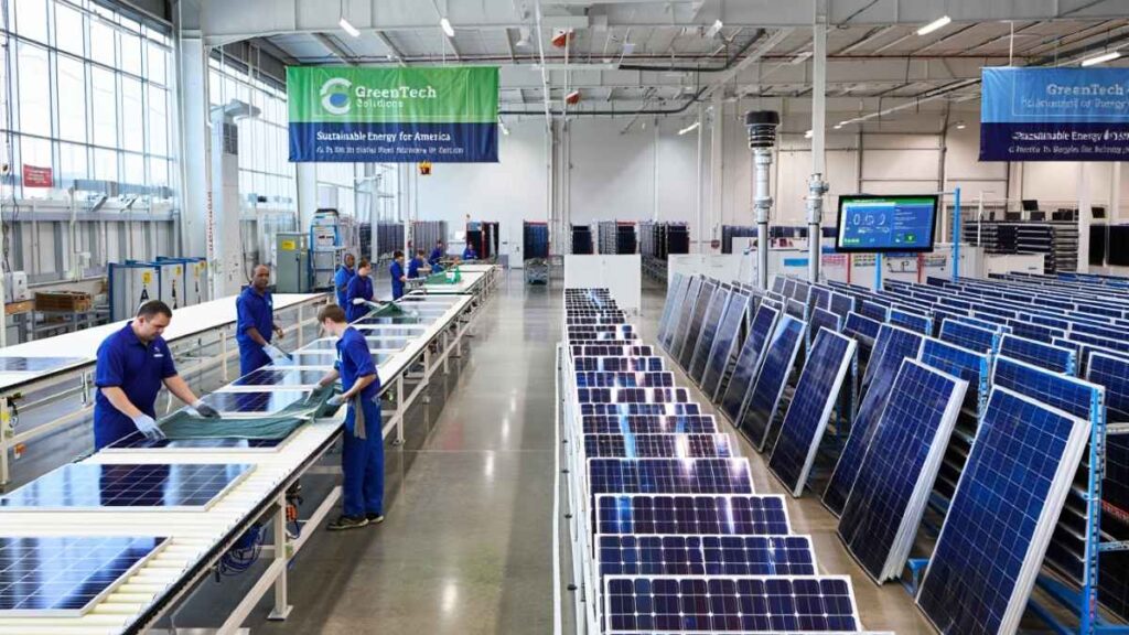 Image illustrating solar panel manufacturing process and environmental considerations