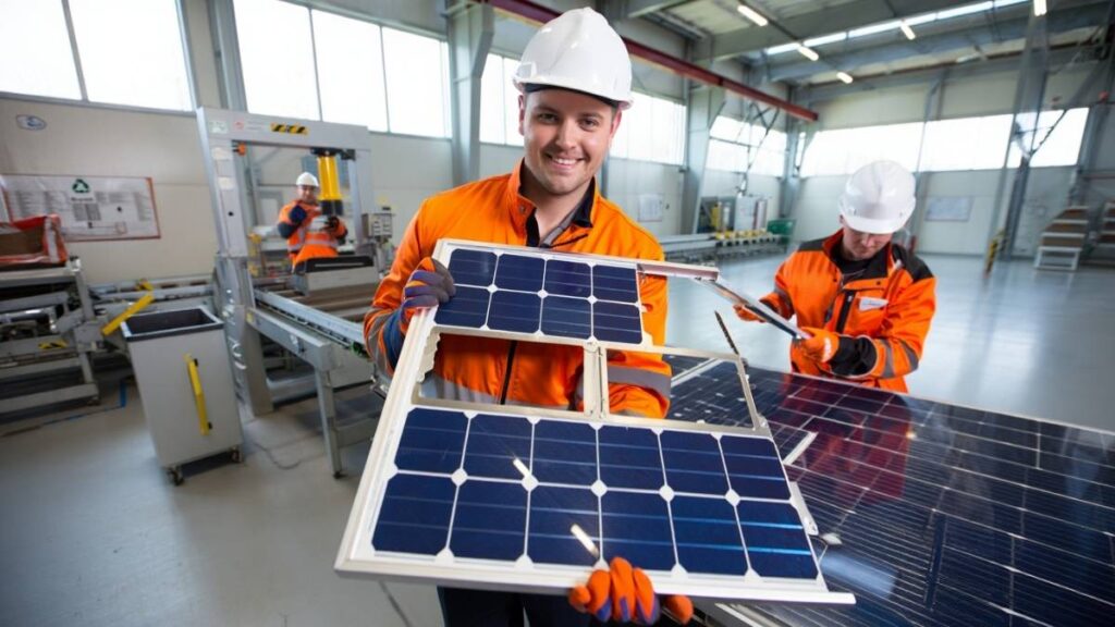 Visual of solar panels being recycled, emphasizing sustainability and waste reduction