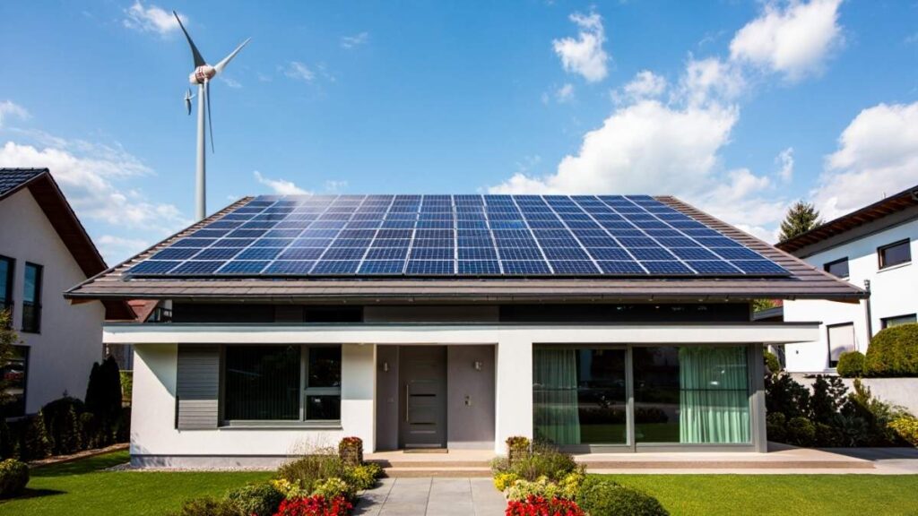 Solar panels installed on a modern U.S. home as part of a solar wind hybrid system for home