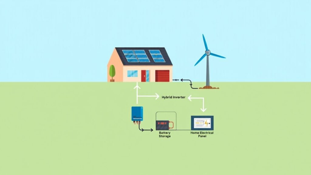 Diagram showing how solar panels and wind turbines generate electricity together in a solar wind hybrid system for home