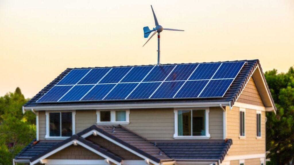 Feature image showing a solar wind hybrid system for home on a U.S. rooftop with wind turbine