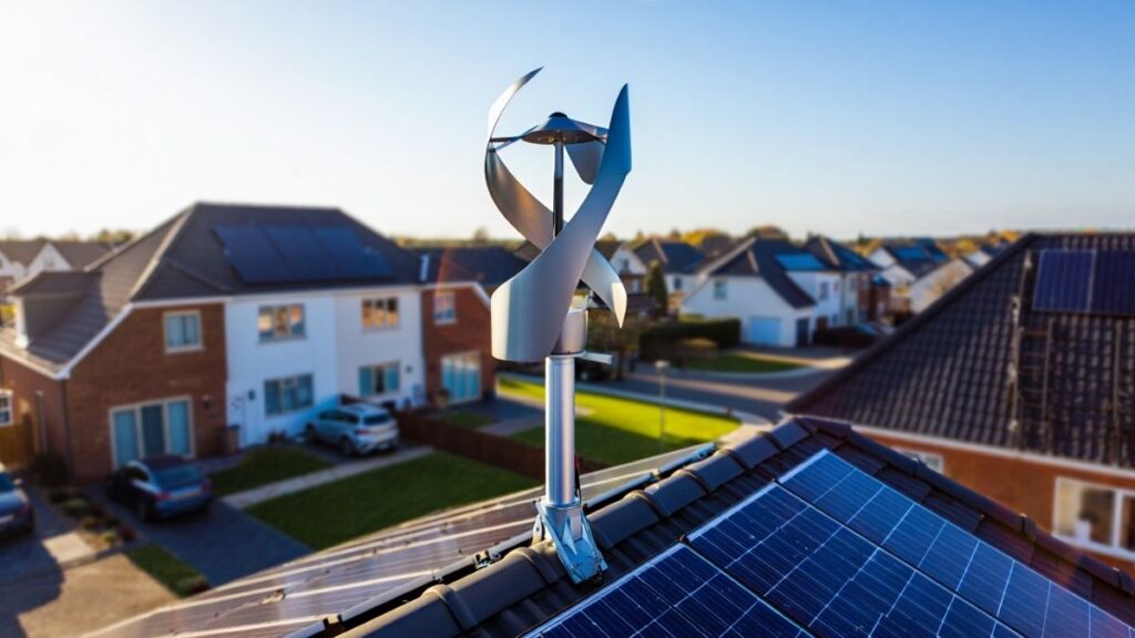 Vertical axis wind turbine on residential rooftop in urban area