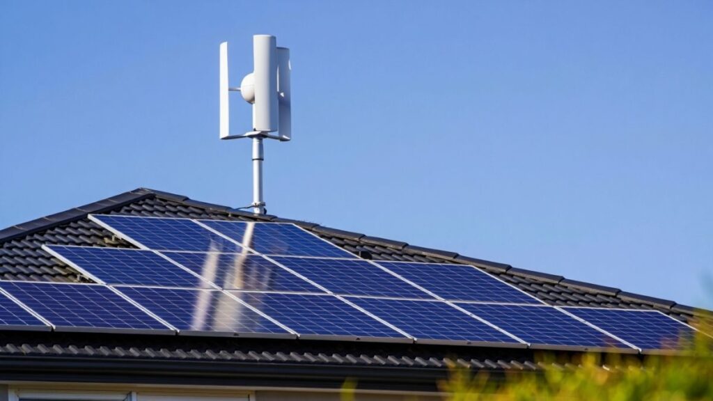Vertical wind turbine with solar panels on home roof