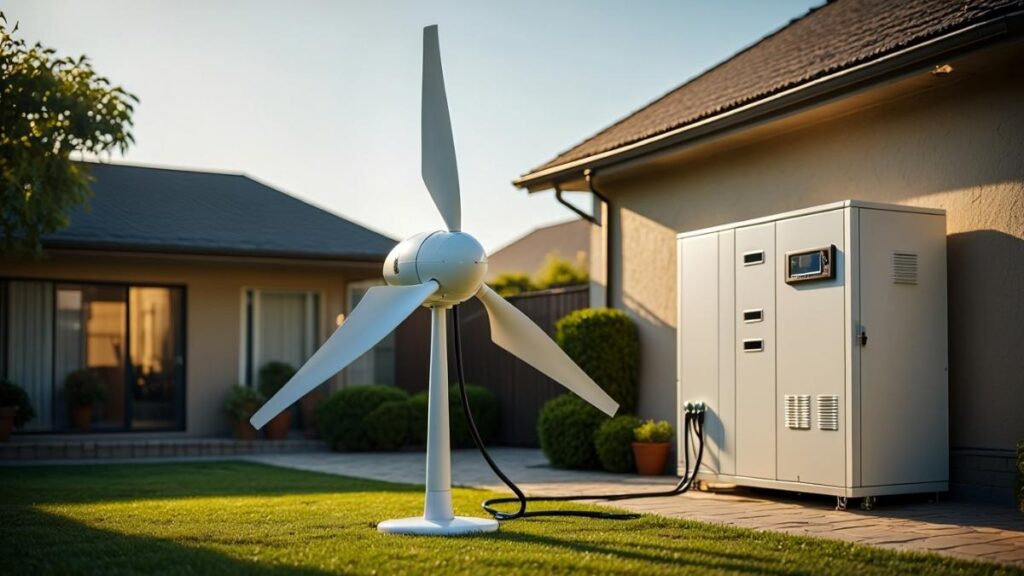 Home wind turbine battery storage system showing turbine and battery setup in a backyard