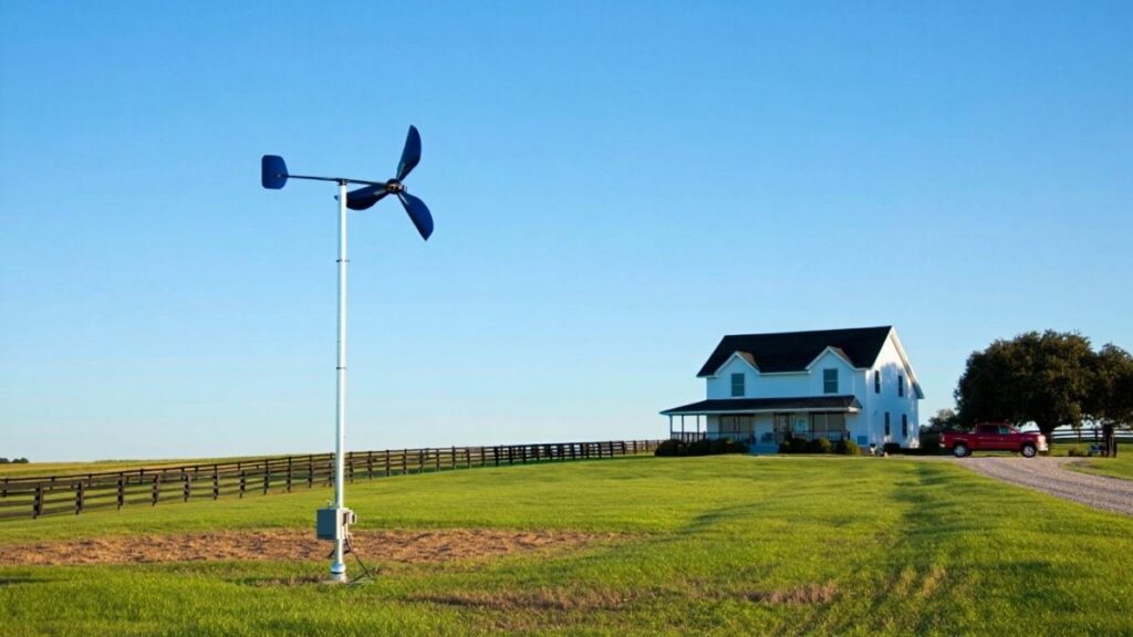 Small residential wind turbine powering a U.S. home, showing wind power for homes in action