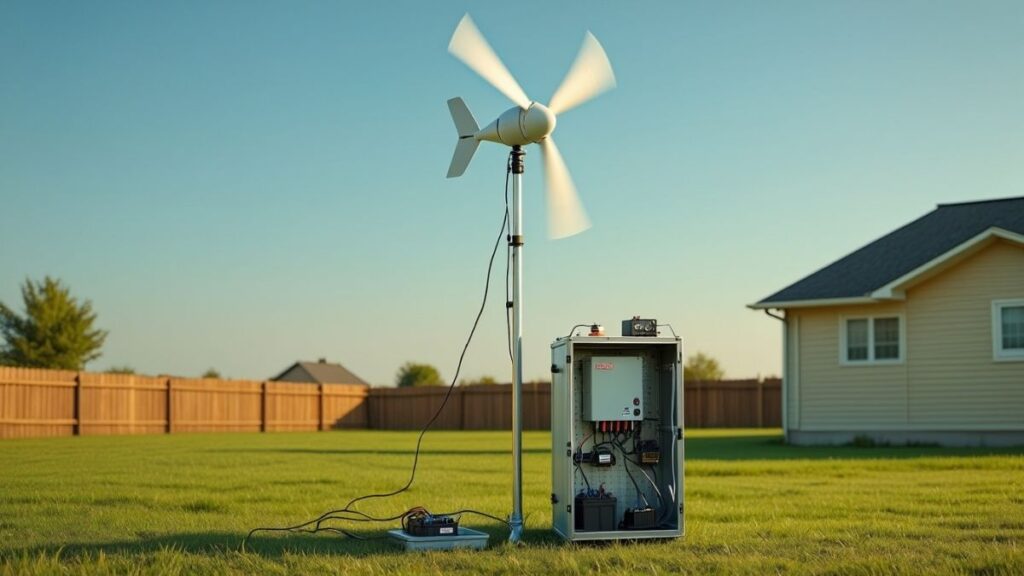 Backyard wind turbine tower mounted with guy wires and support