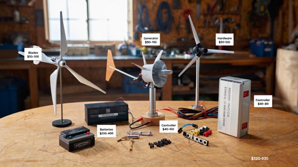 Infographic showing DIY wind turbine cost breakdown and components