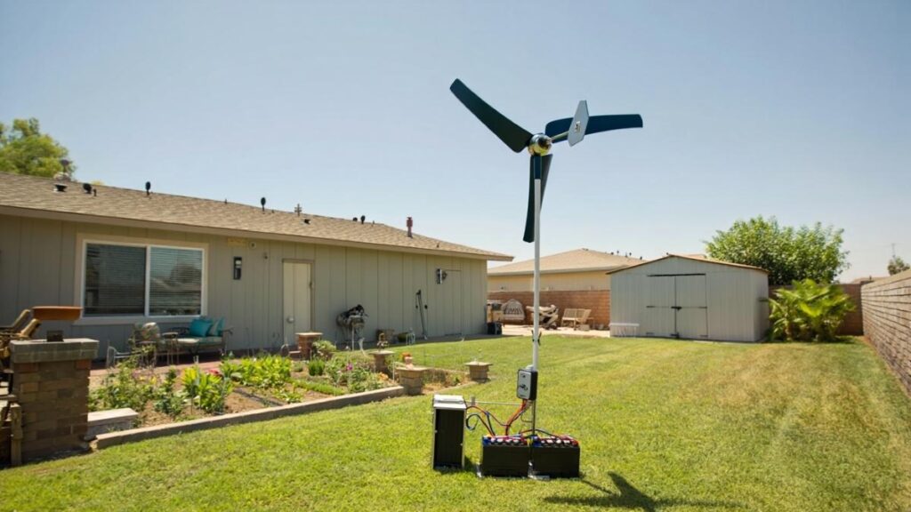 DIY wind turbine for the home generating clean energy in a backyard setup